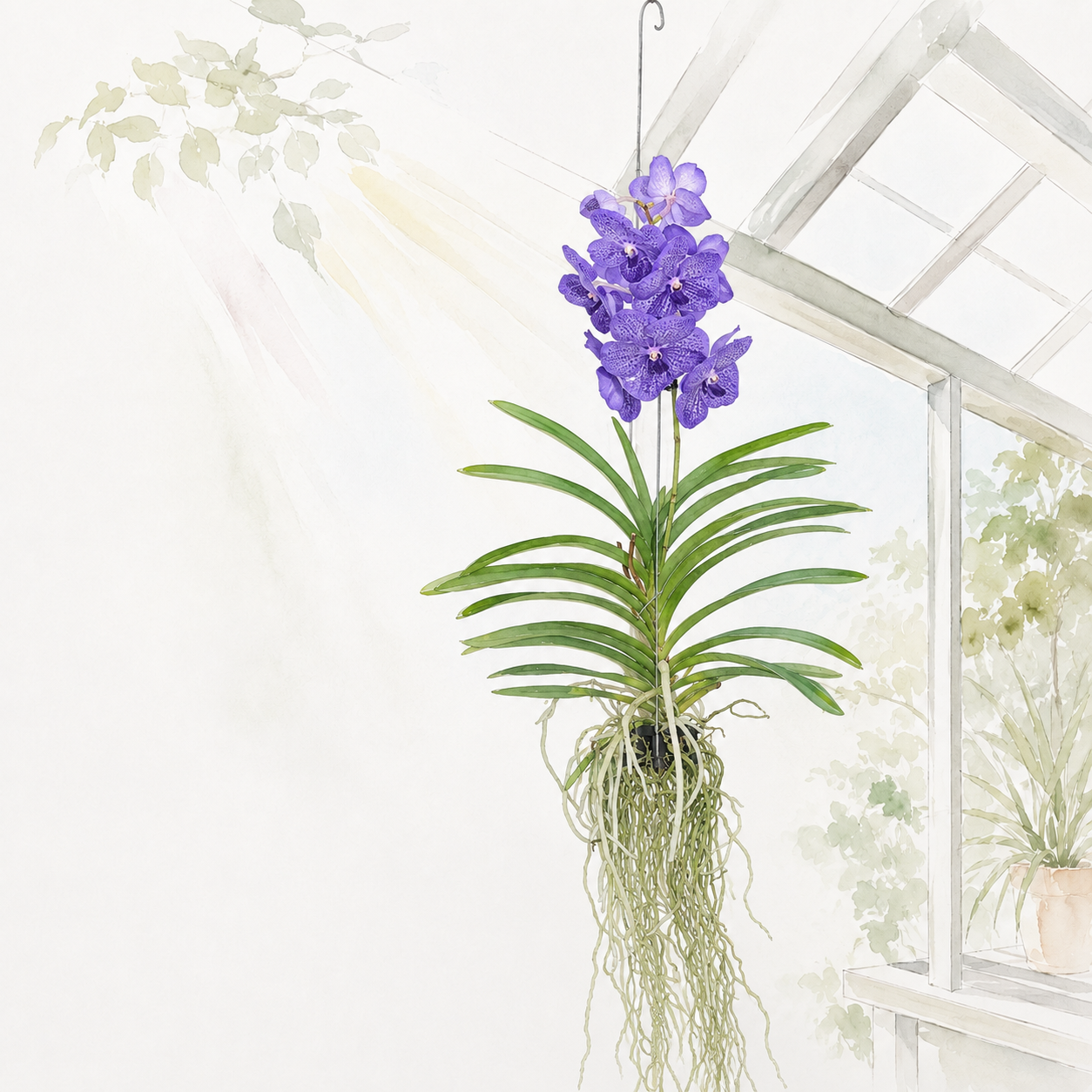 Blauwe Vanda orchidee hangend bij een serre of tuinhuis in de zomer.