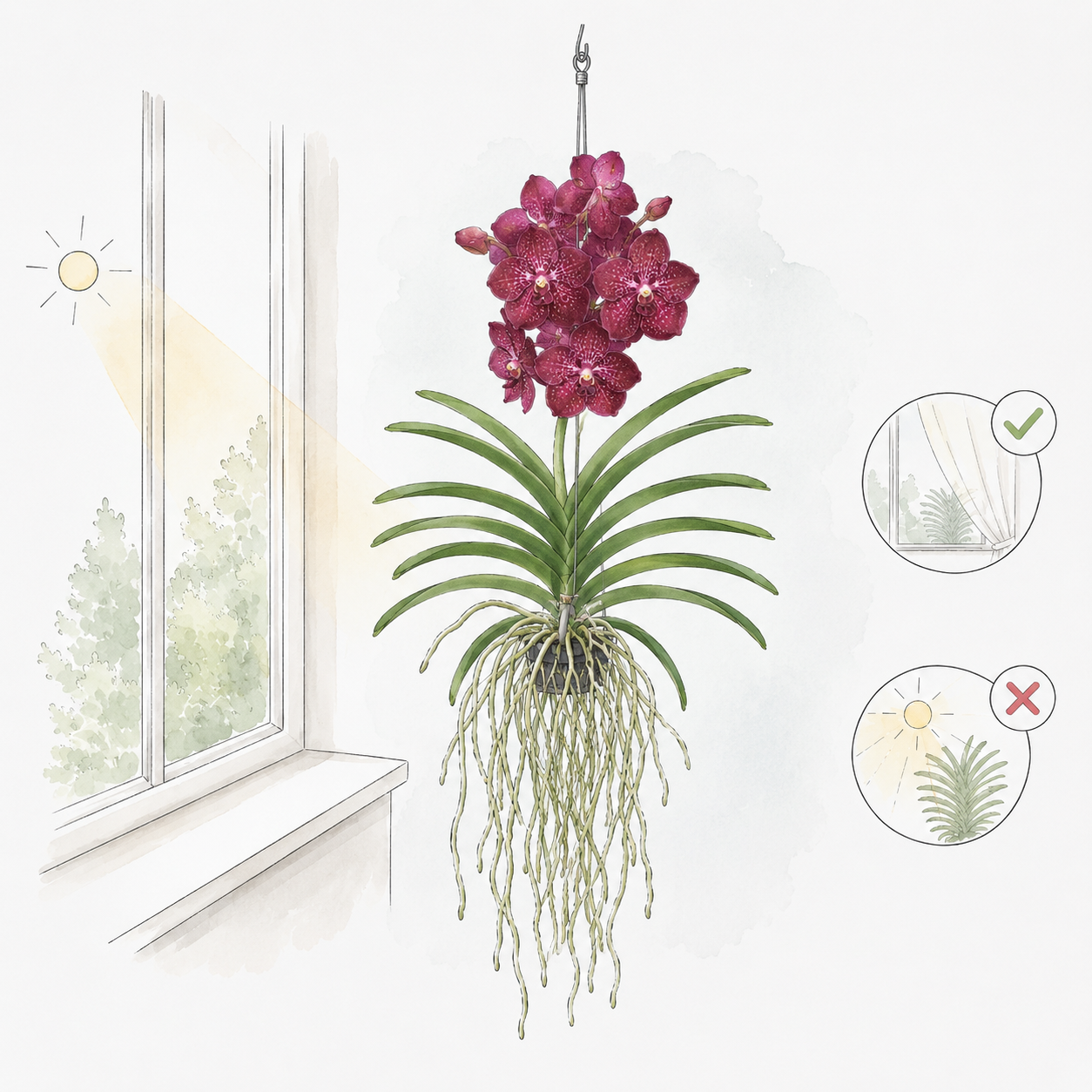 Rode Vanda orchidee bij een raam met helder indirect licht