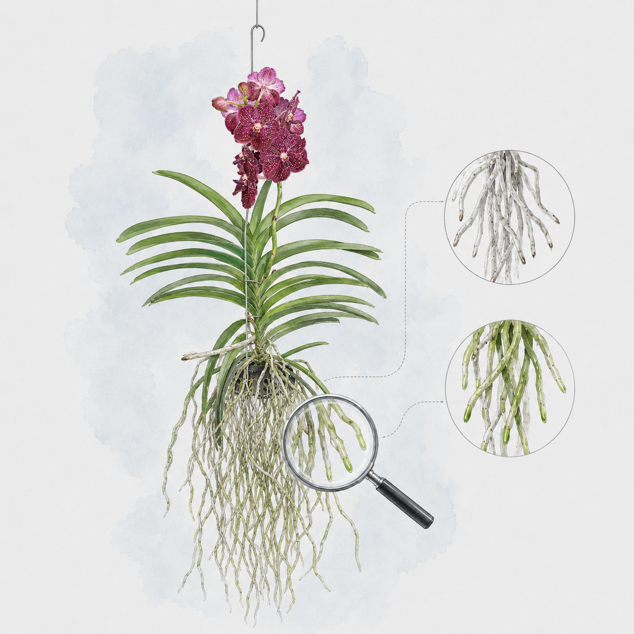 Rode Vanda orchidee met close-up van grijze en groene luchtwortels.