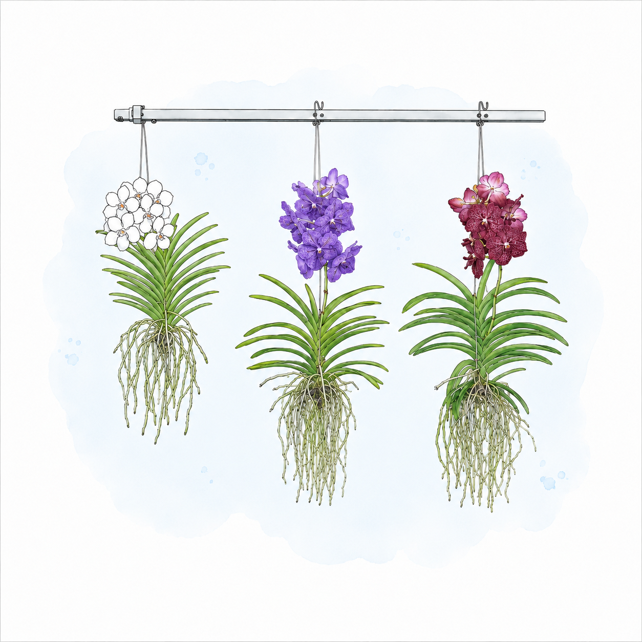 Drie hangende Vanda orchideeën met luchtwortels in verschillende bloemkleuren.