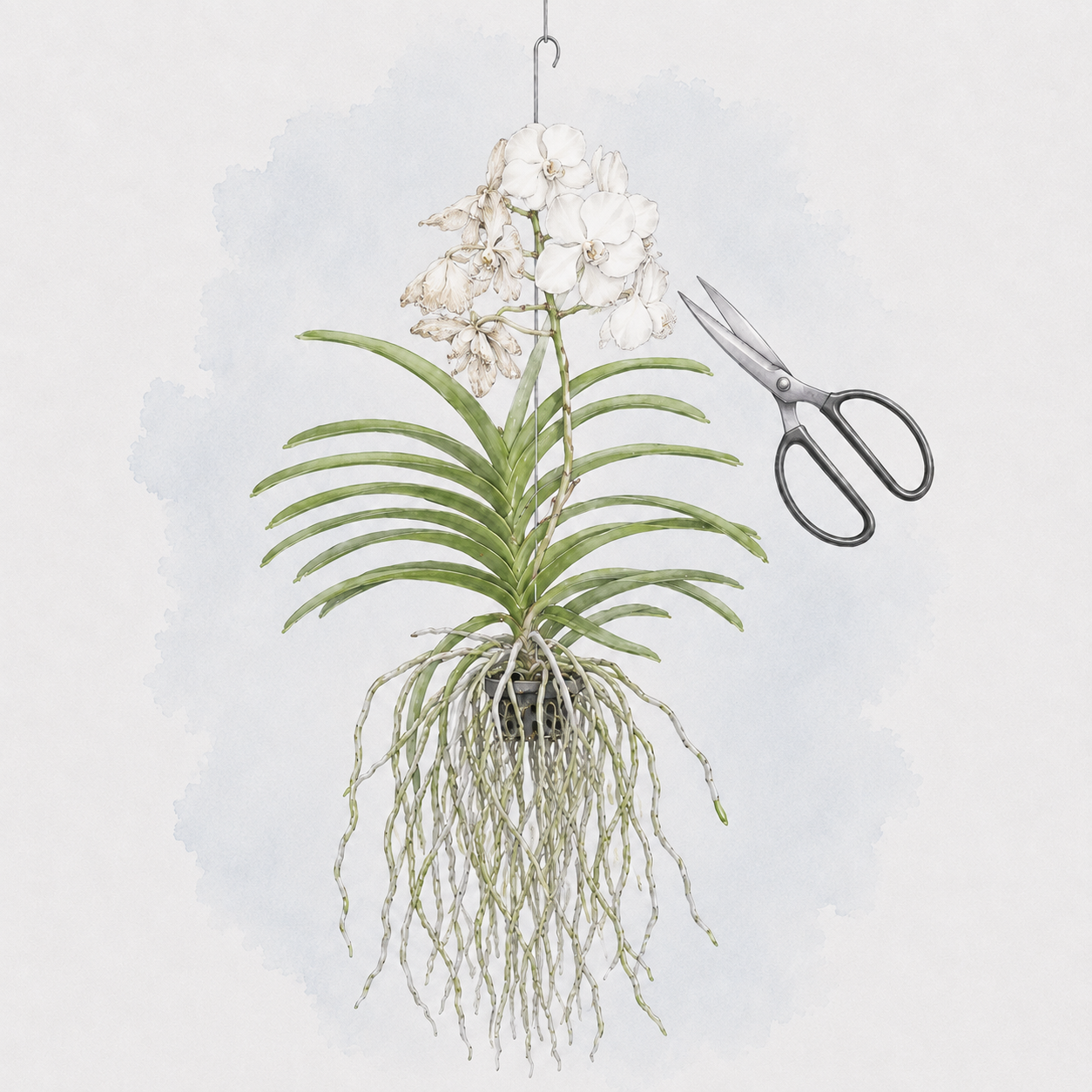 Witte Vanda orchidee met slappe uitgebloeide bloemen en een schaar bij de bloemtak.