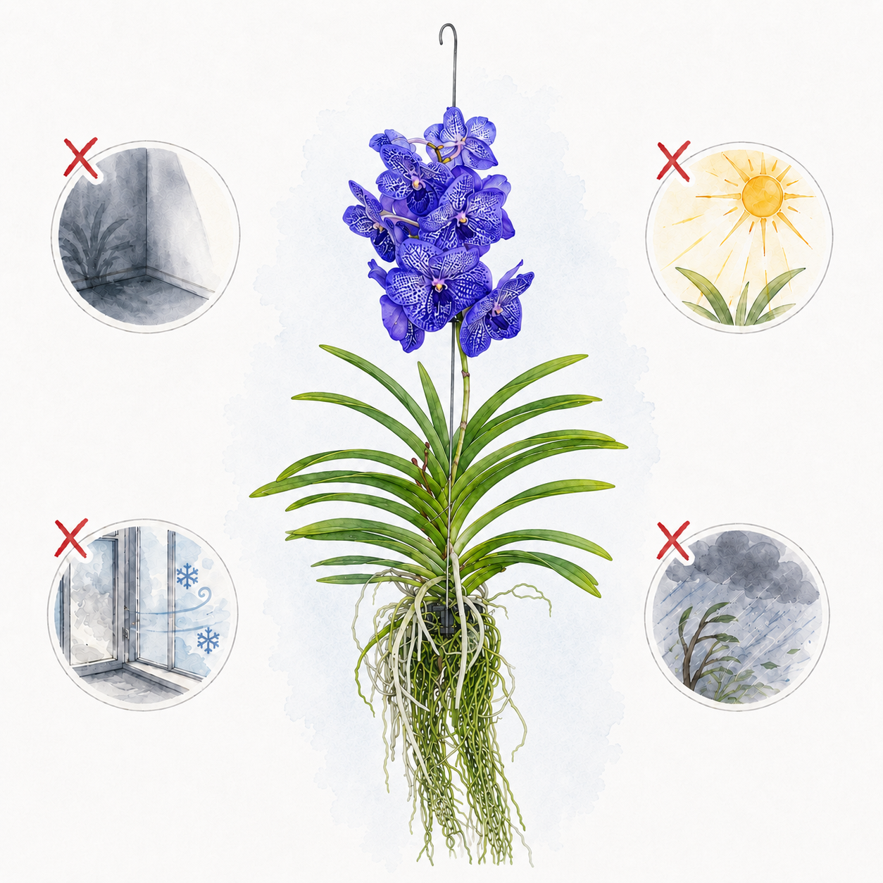 Blauwe Vanda orchidee met symbolen voor donkere plek, felle zon, kou en storm vermijden.