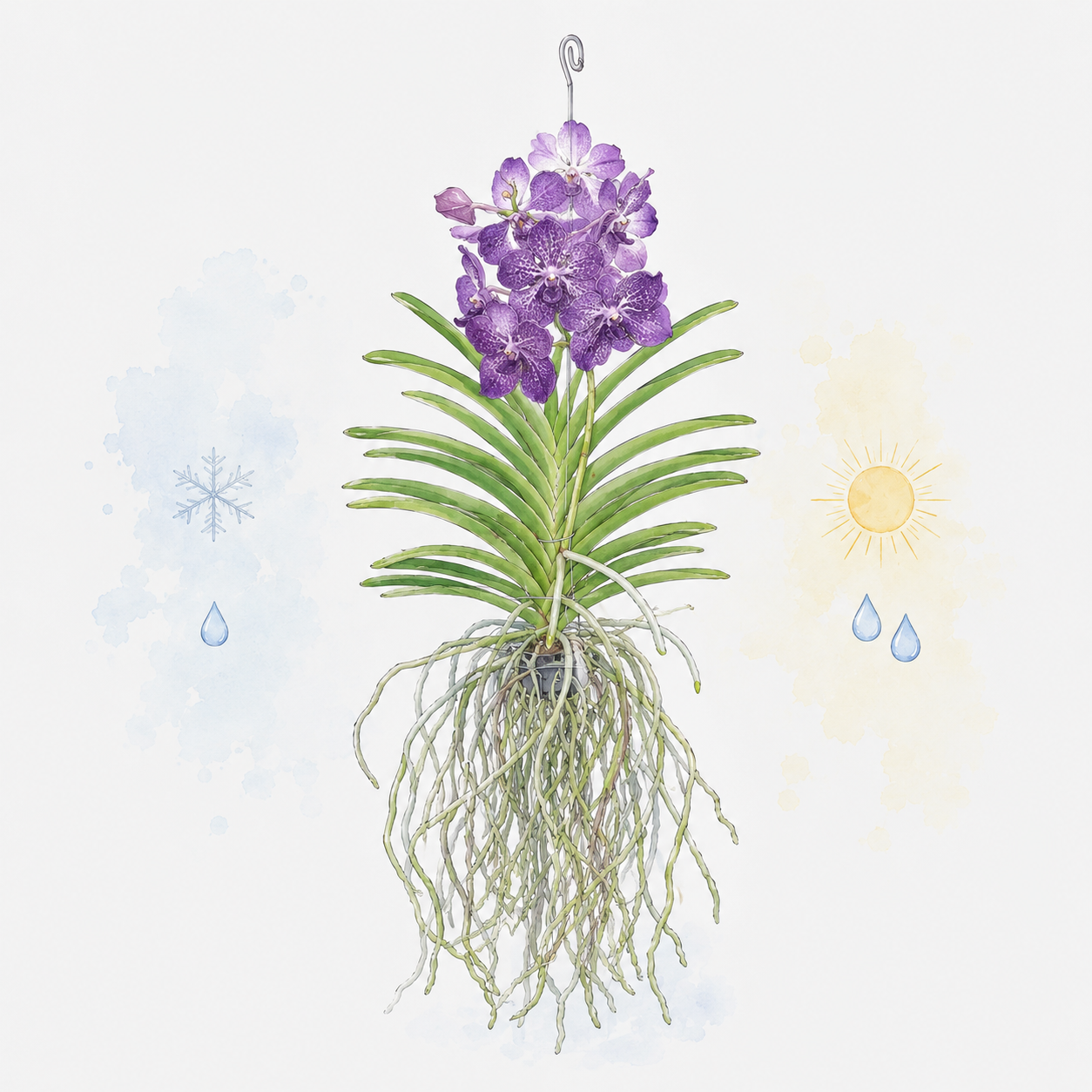 Vanda orchidee met uitleg voor water geven in winter en zomer.